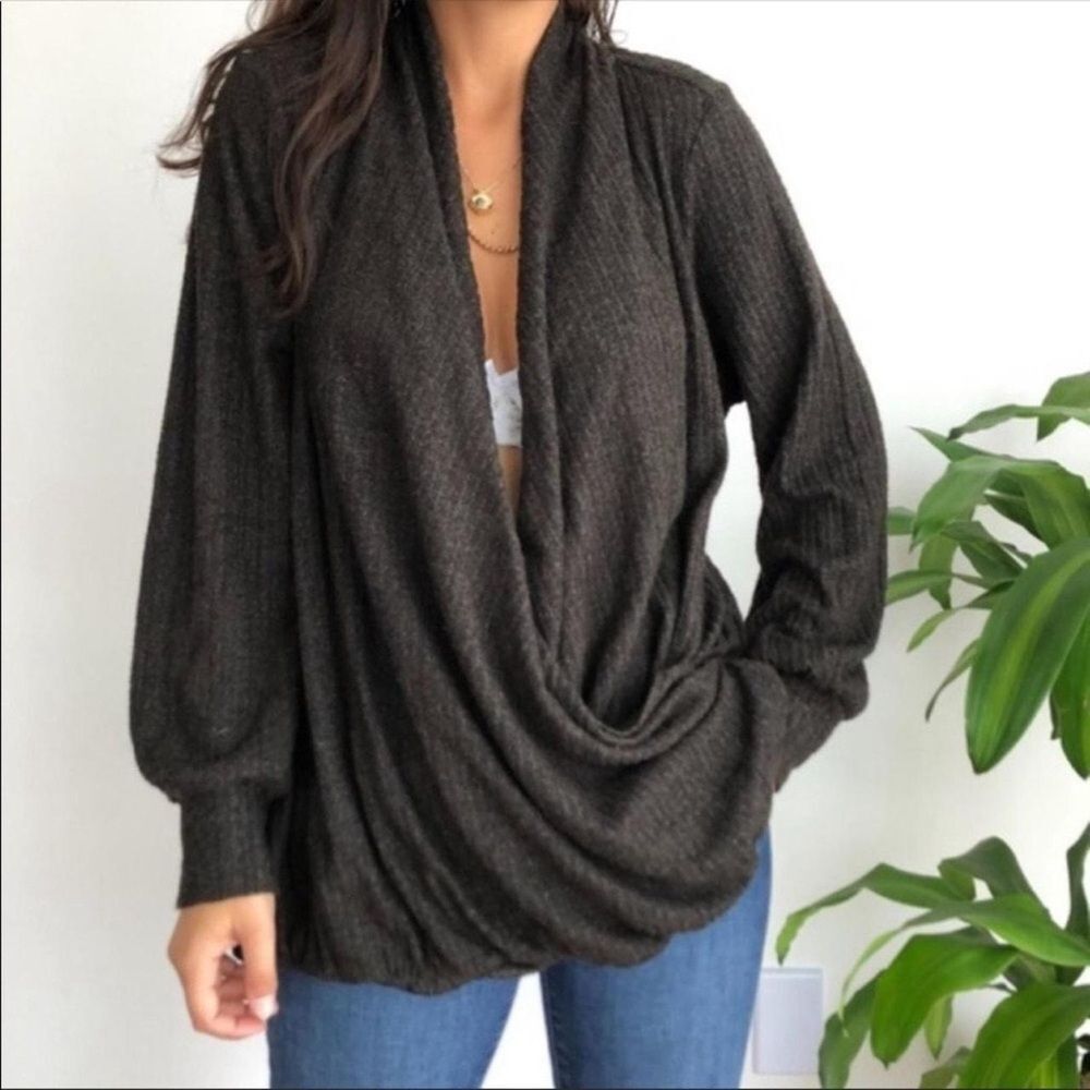Anthropologie Maeve RafellaCharcoal Grey Criss Cross Sweater Viscose Blend Small